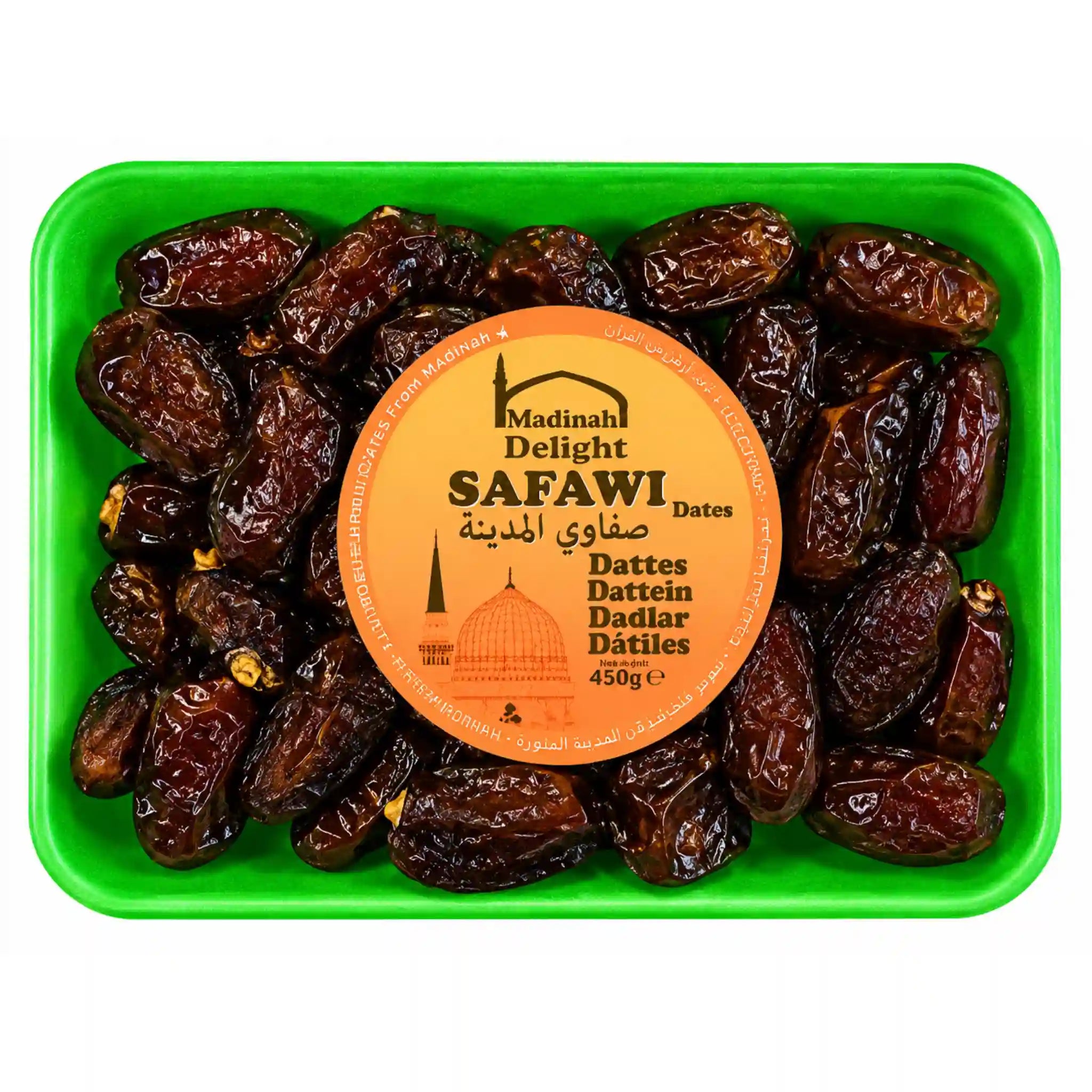 Madina Delight Safawi-dadlar 450 g i bricka med mörka dadlar