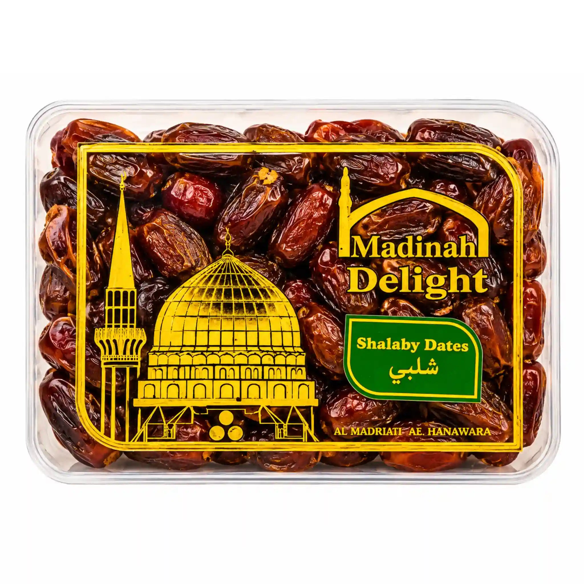 Dadlar i förpackning med etikett Madinah Delight och Shalaby Dates, 750 g