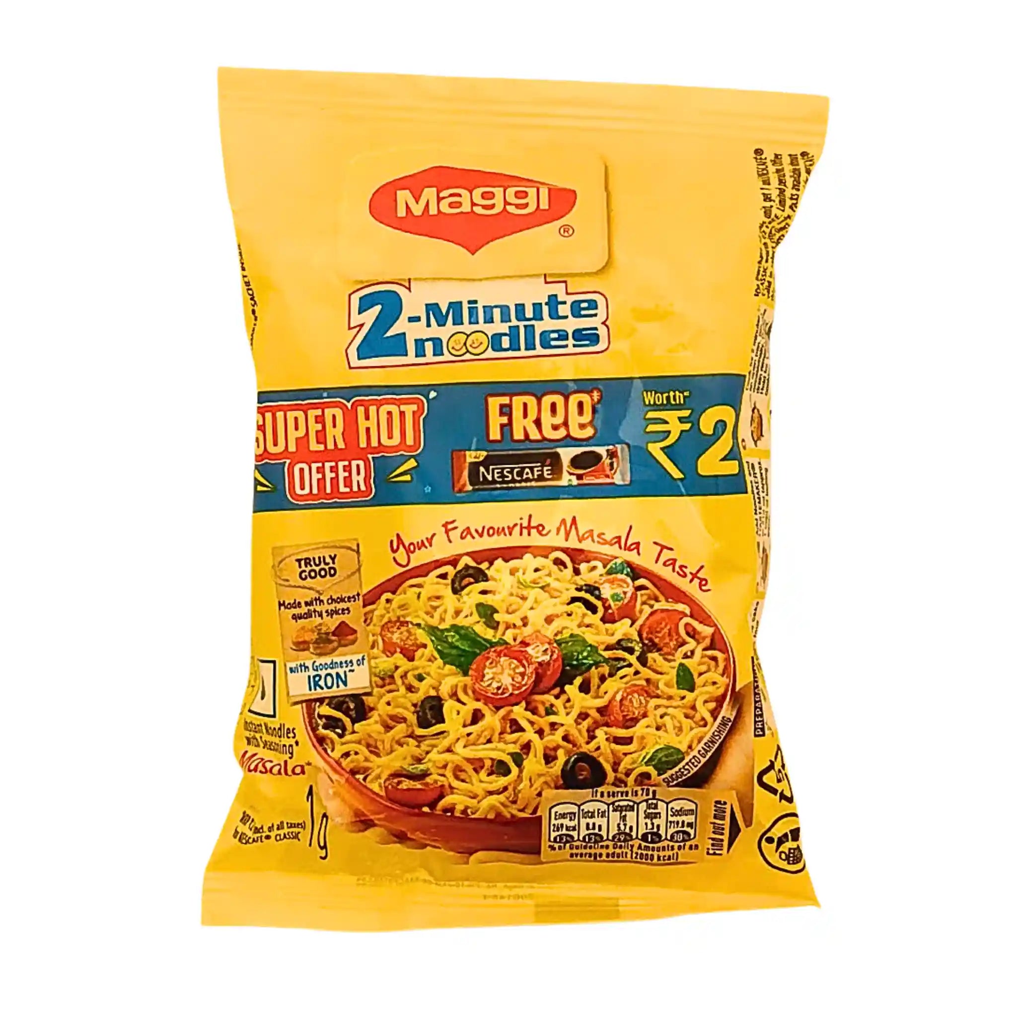Maggi 2 Minute Noodles masala 70g i gul förpackning med bild på nudlar och kryddor