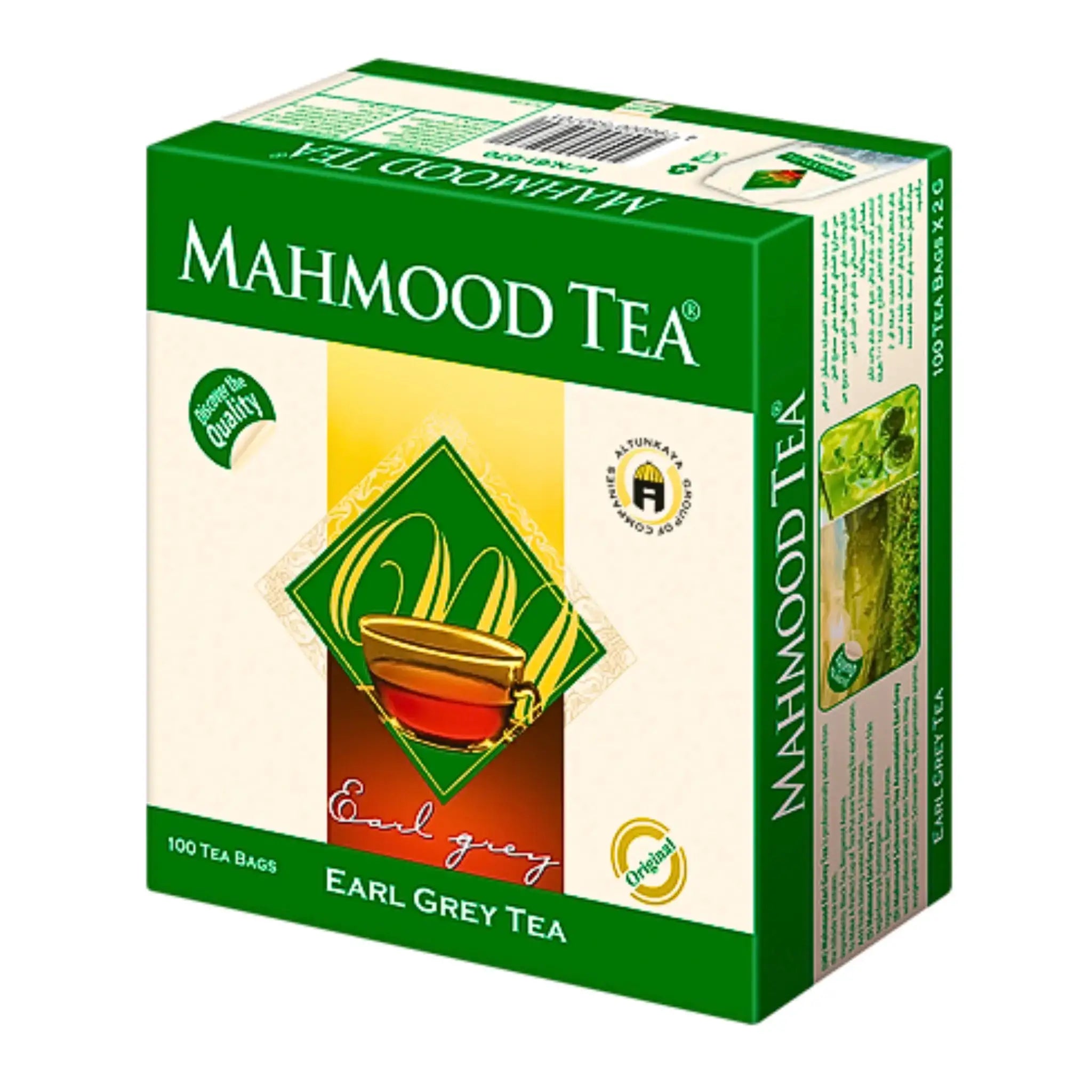Förpackning av Mahmood Earl Grey te, 100 tepåsar, grön och gul design.