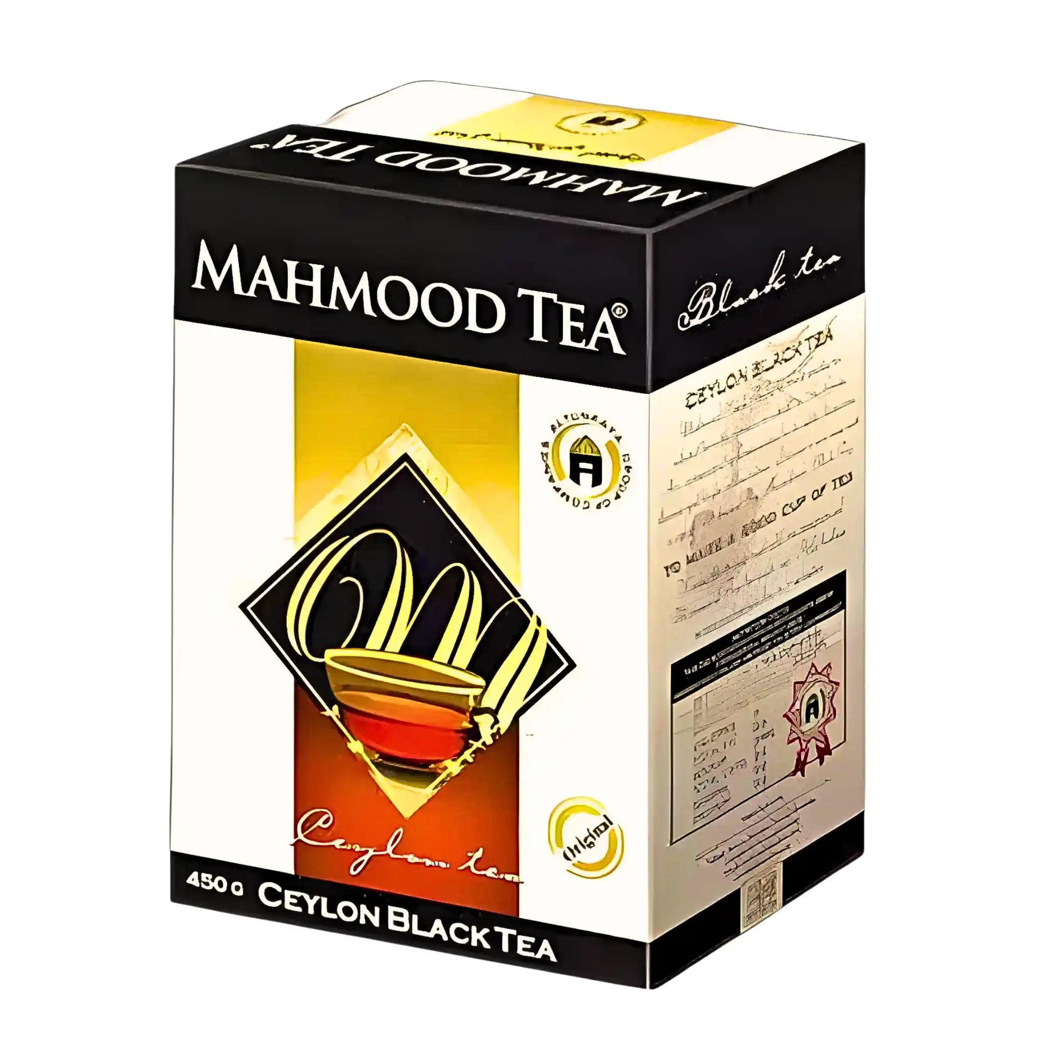 Förpackning med Ceylon svart te 450g, svart och gul design med tydlig etikett.