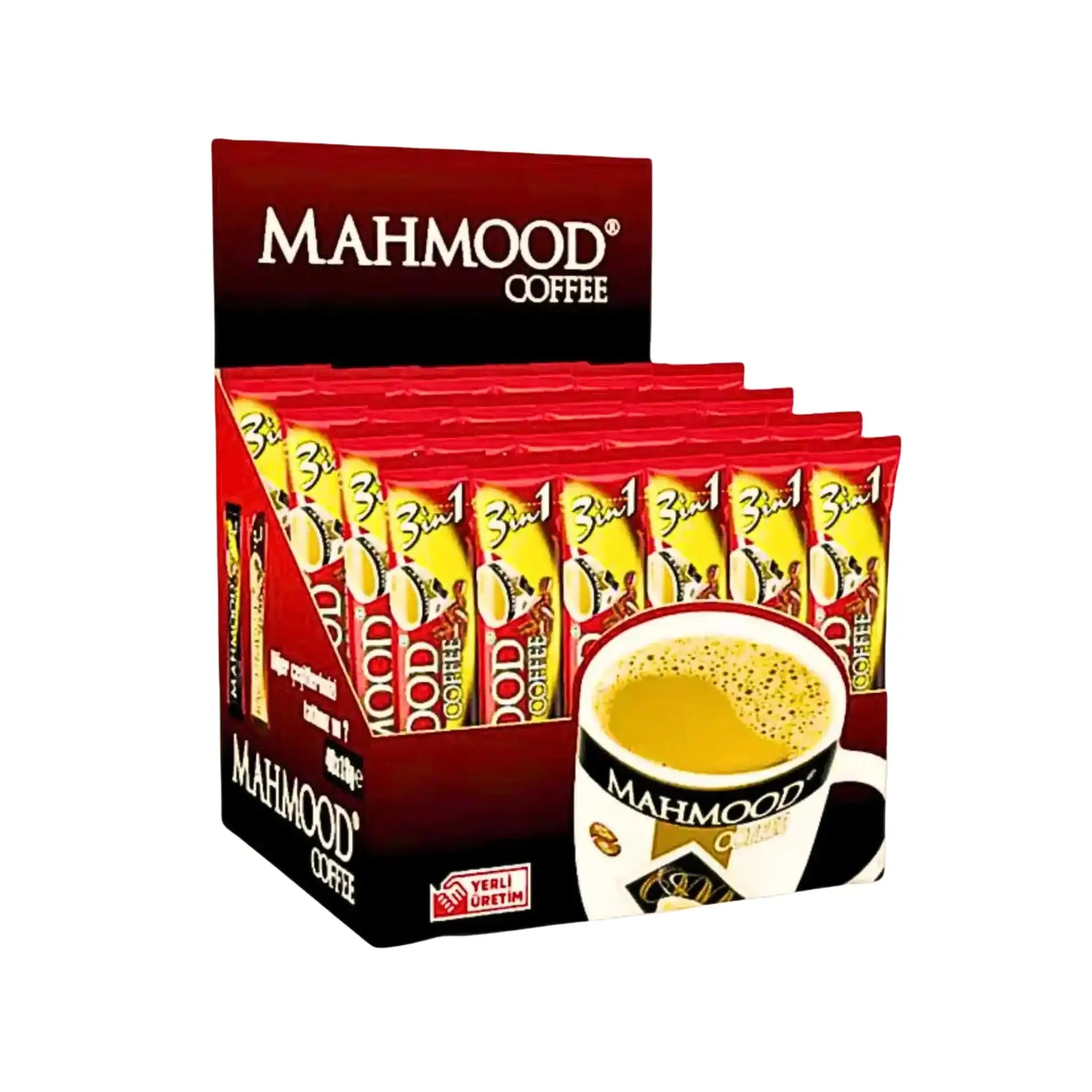 Mahmood 3-i-1 snabbkaffe, flera stickpåsar i förpackning och kopp kaffe, orientaliskt kaffe