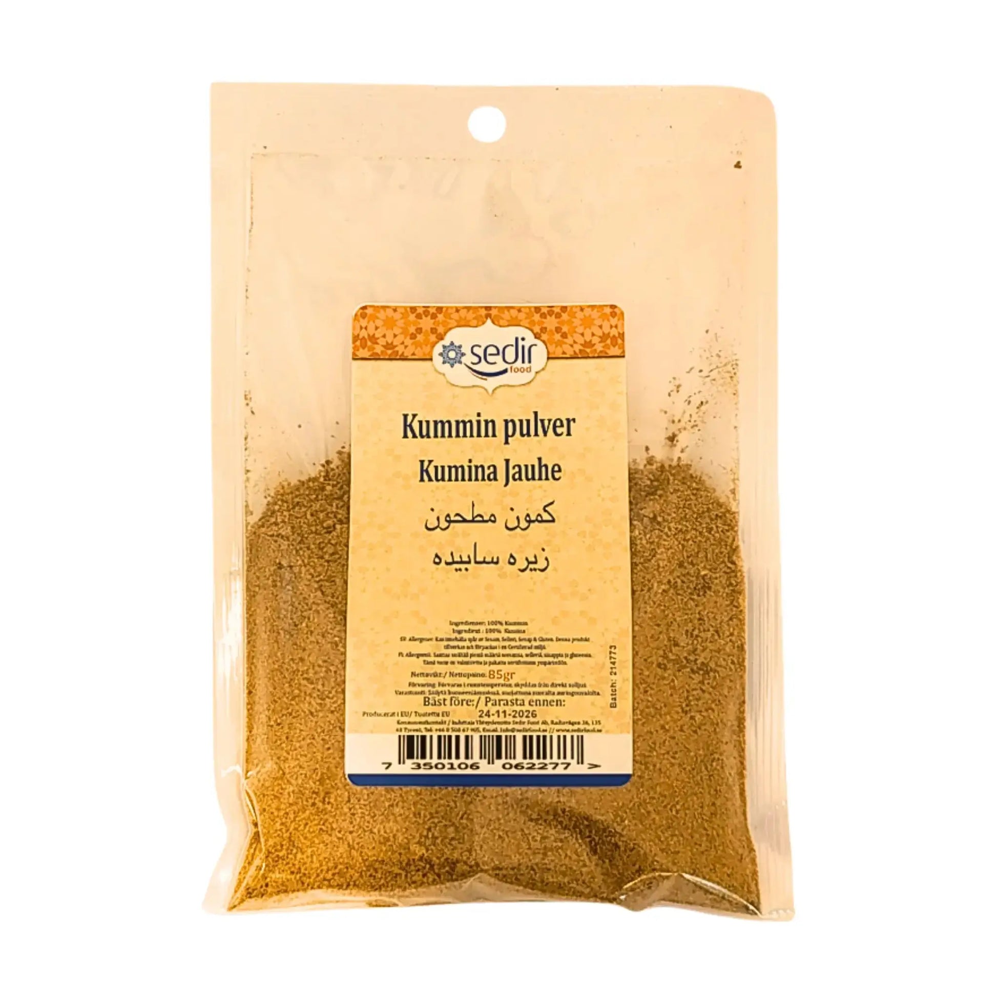 Påse med malen kumminpulver, 85 g, tydlig etikett på svenska och andra språk