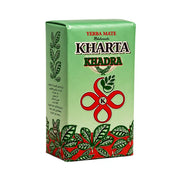 Yerba mate Kharta grönt te i grön förpackning med lövtryck och logga