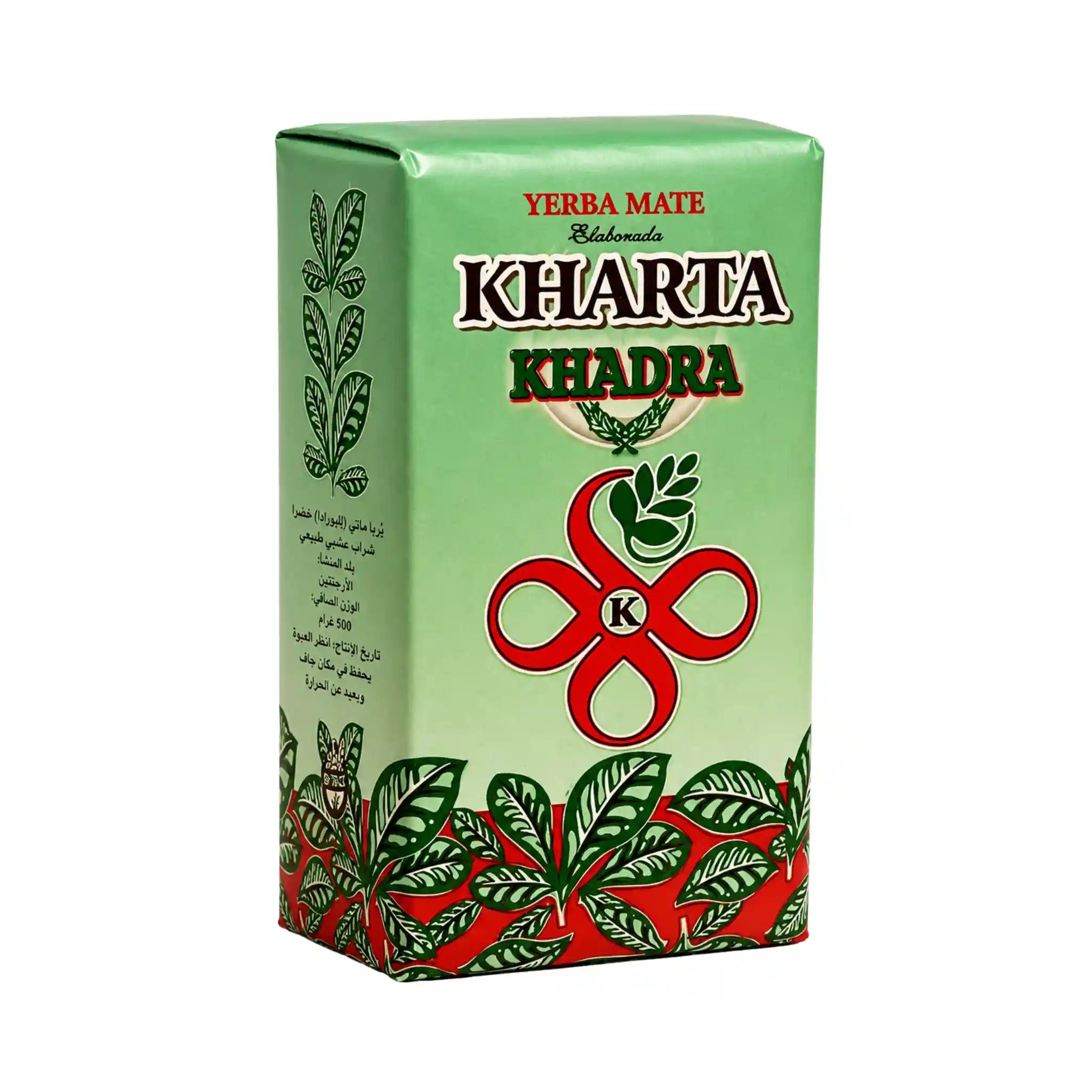 Yerba mate Kharta grönt te i grön förpackning med lövtryck och logga