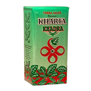 Grön kartong Yerba Mate Kharta Khadra 250g med blad och röd dekoration, teförpackning
