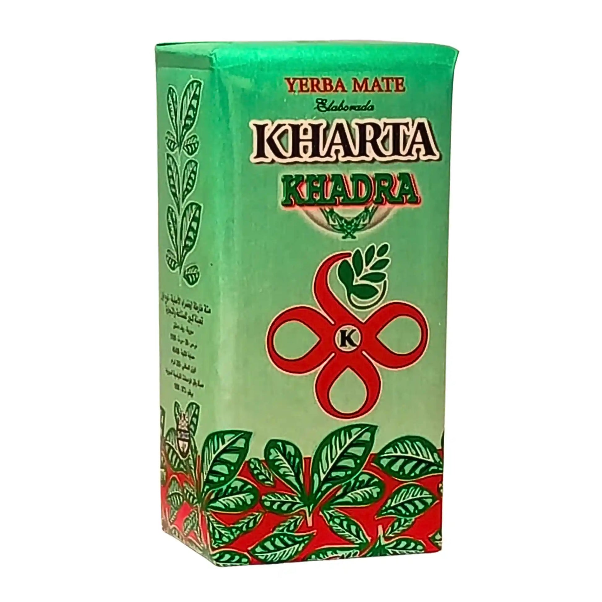Grön kartong Yerba Mate Kharta Khadra 250g med blad och röd dekoration, teförpackning
