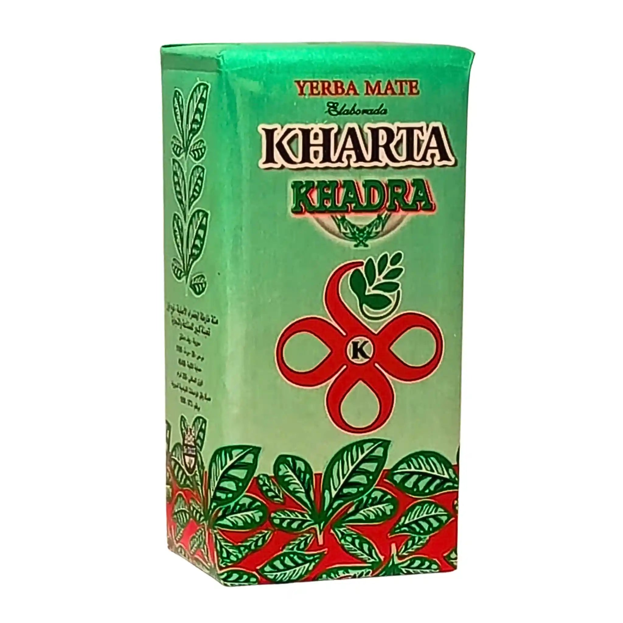 Grön kartong Yerba Mate Kharta Khadra 250g med blad och röd dekoration, teförpackning