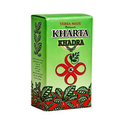 Grön yerba mate-förpackning med Kharta Khadra-motiv och bladornament