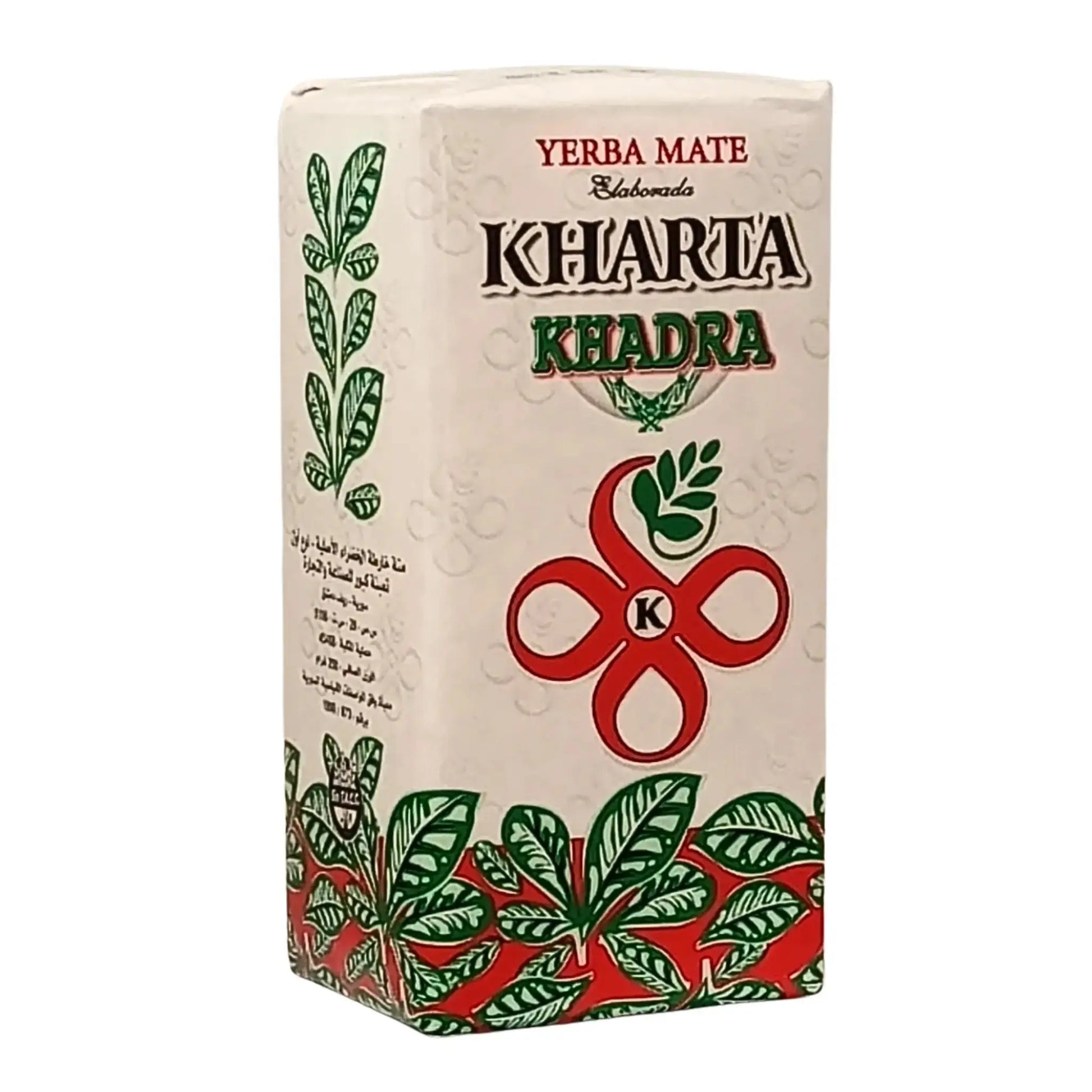 Förpackning med Kharta Khadra yerba mate te 250g med gröna blad och röd dekor.