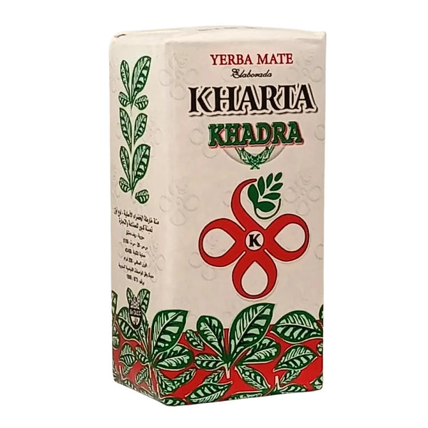 Förpackning med Kharta Khadra yerba mate te 250g med gröna blad och röd dekor.