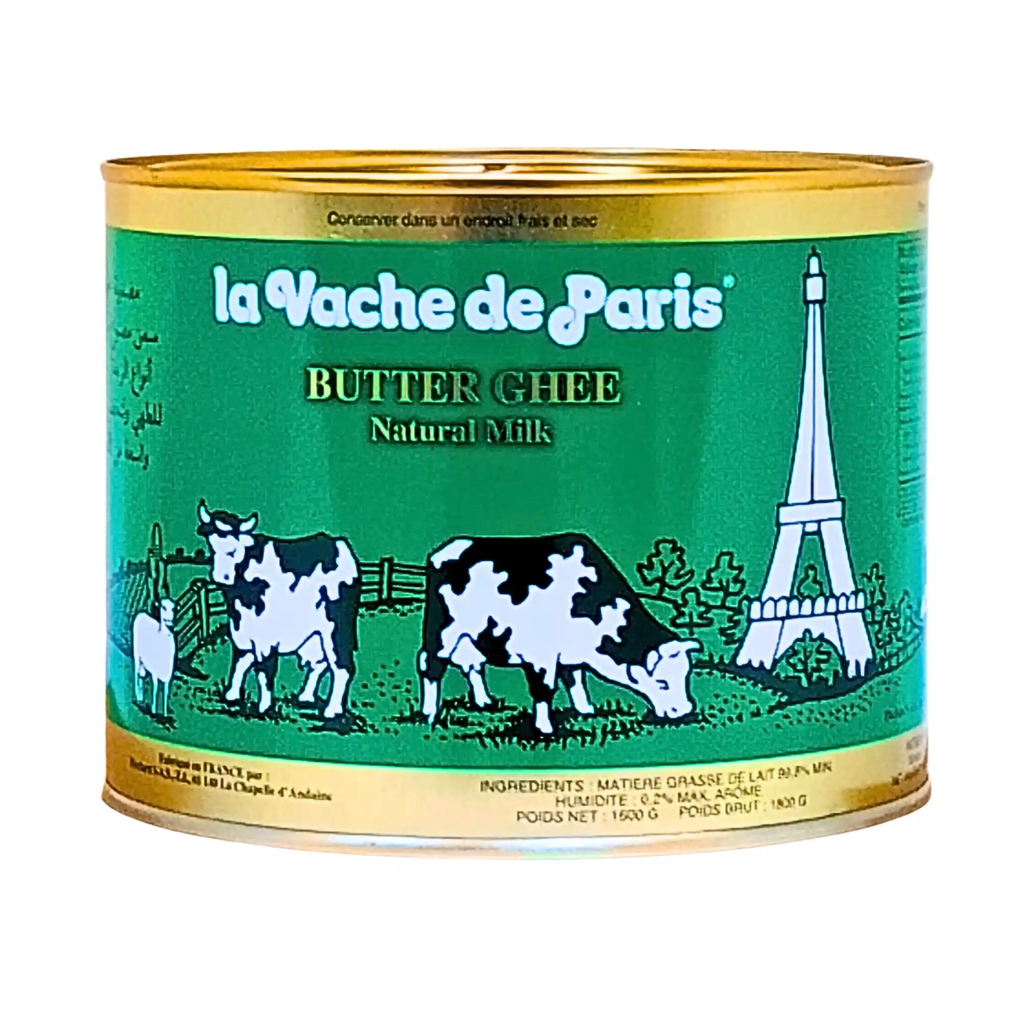 La Vache de Paris smörghee 1600g burk med kossor och Eiffeltornet på grön etikett