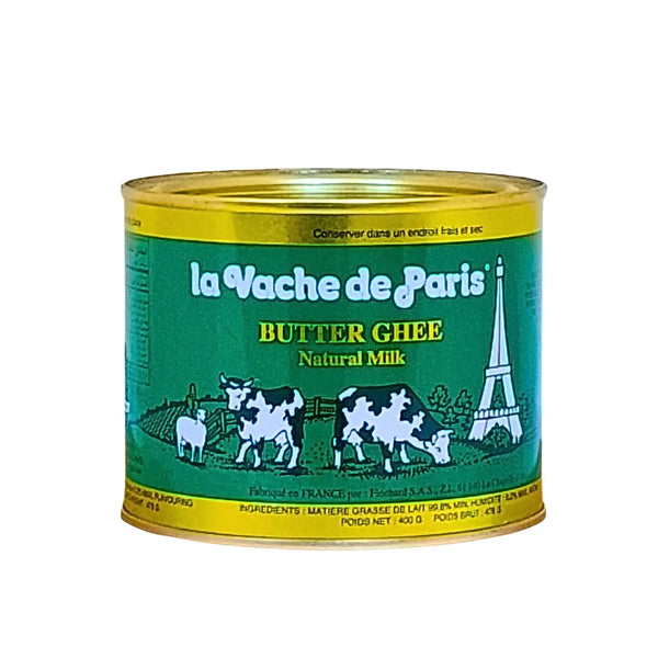 Grön burk med smör ghee 400g, La Vache de Paris, motiv med kor och Eiffeltornet