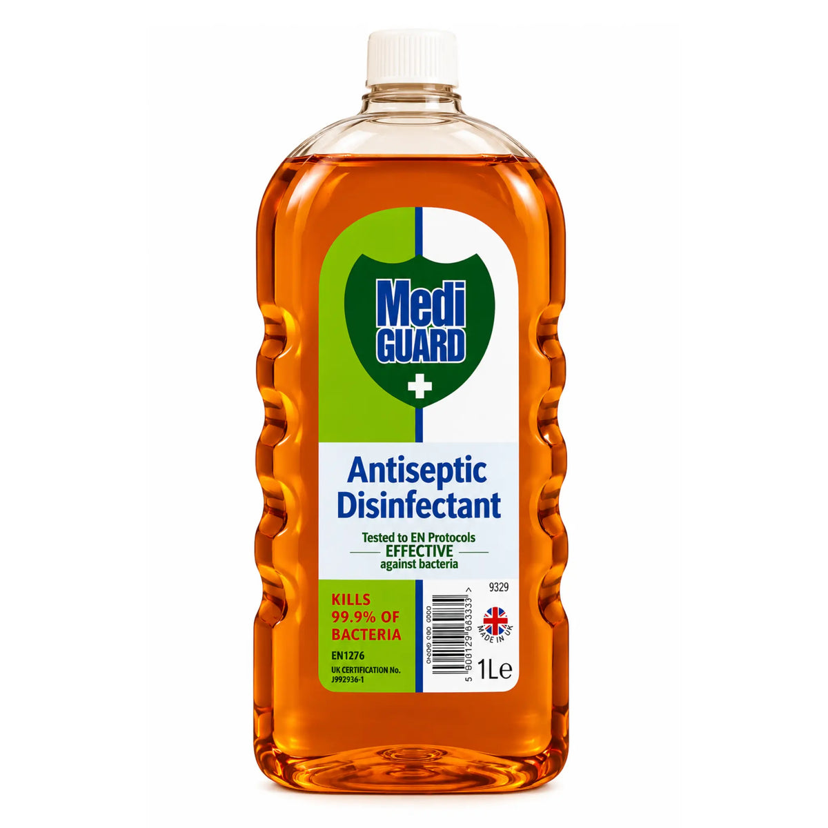 Desinfektionsmedel i 1 l amberfärgad plastflaska med skruvlock och etikett
