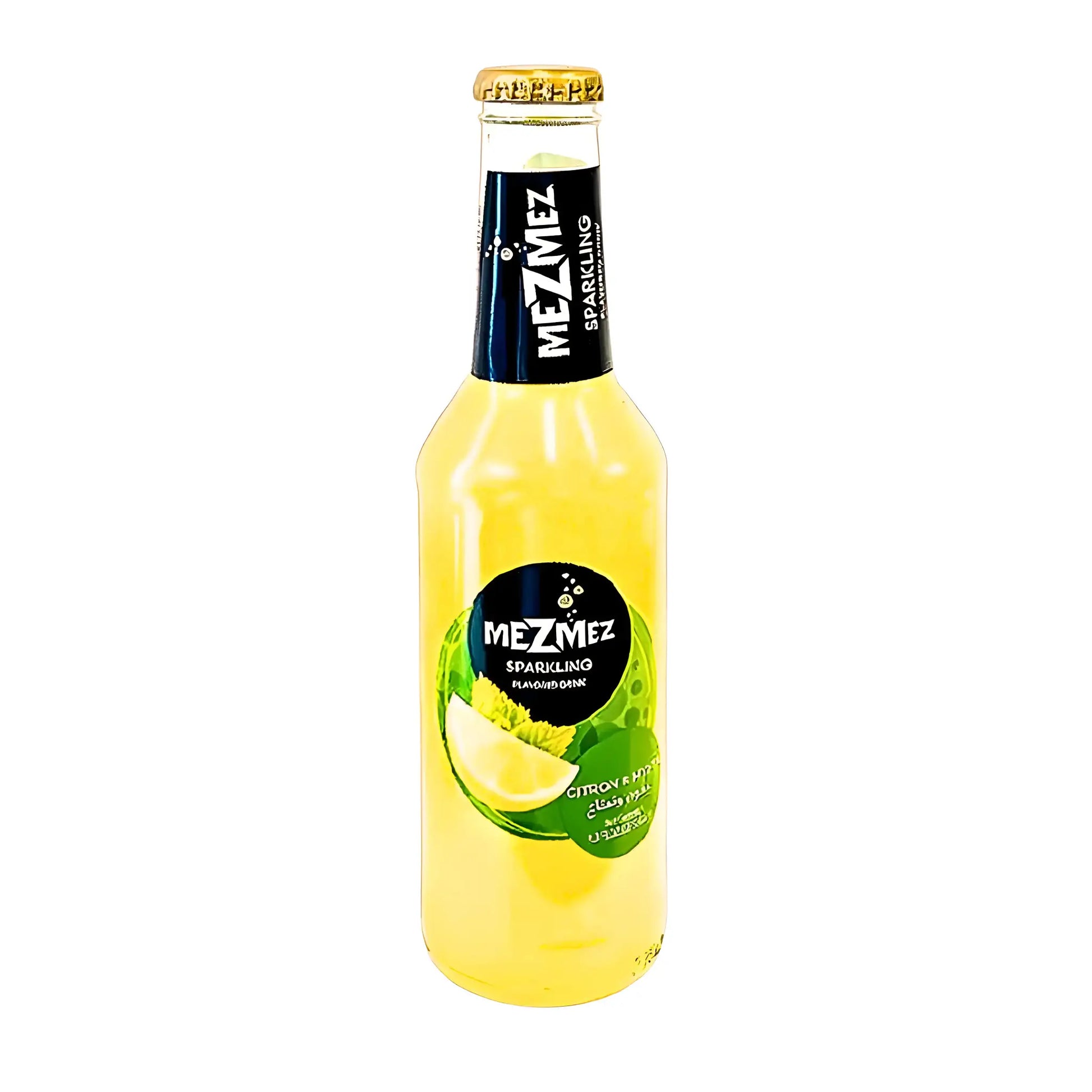 MezMez kolsyrad dryck citron mynta i glasflaska med grön och svart etikett