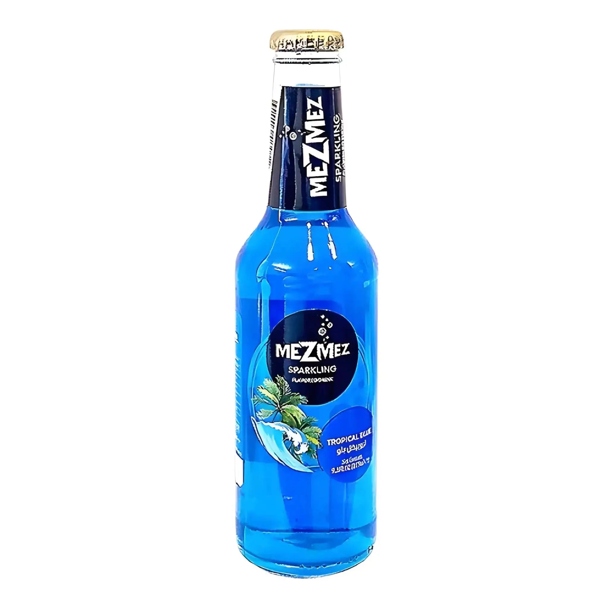 Blå glasflaska MezMez Tropical Blue, kolsyrad tropisk läsk, 275 ml mot vit bakgrund.