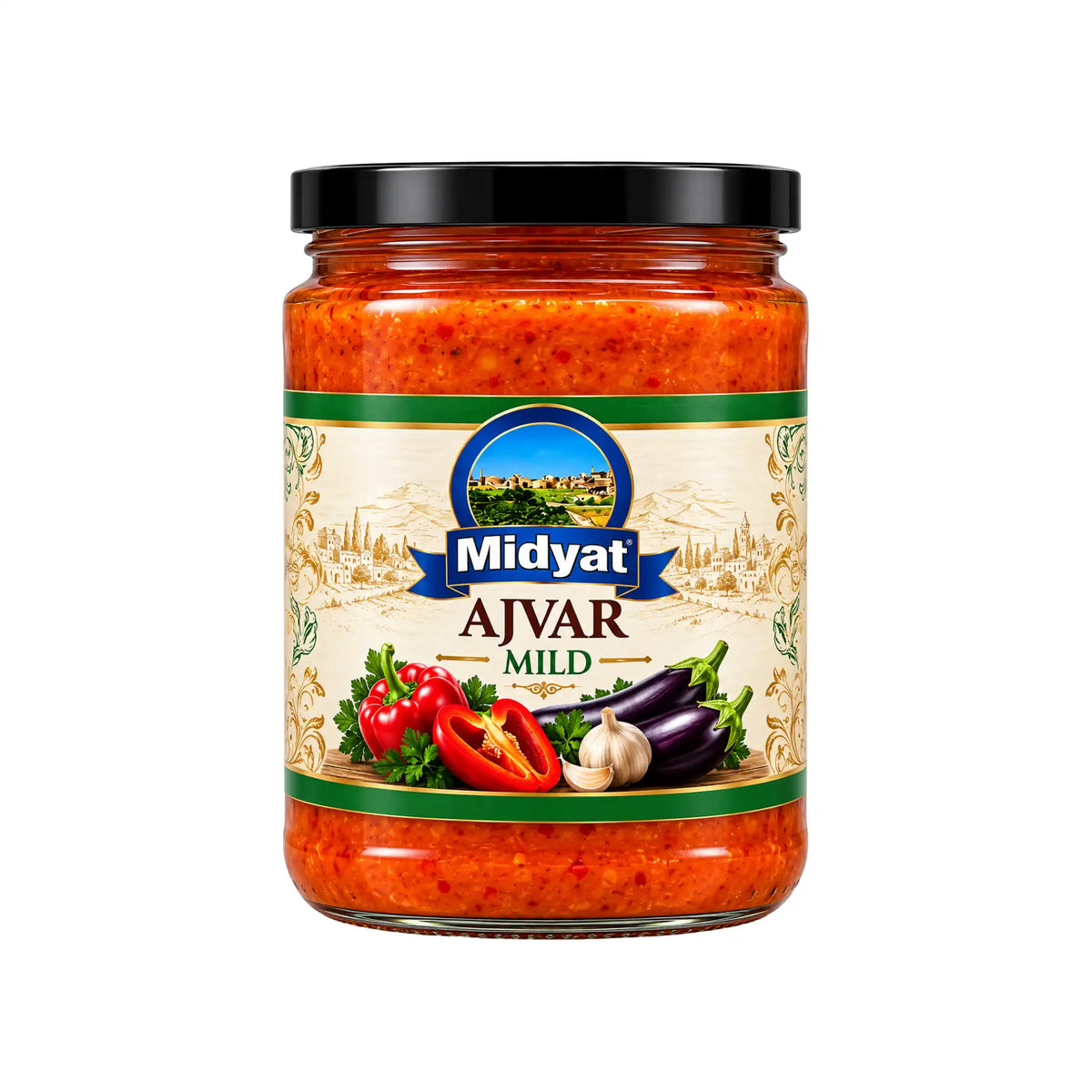 Midyat Ajvar Mild 550g glasburk med krämig rödfärgad paprikaröra