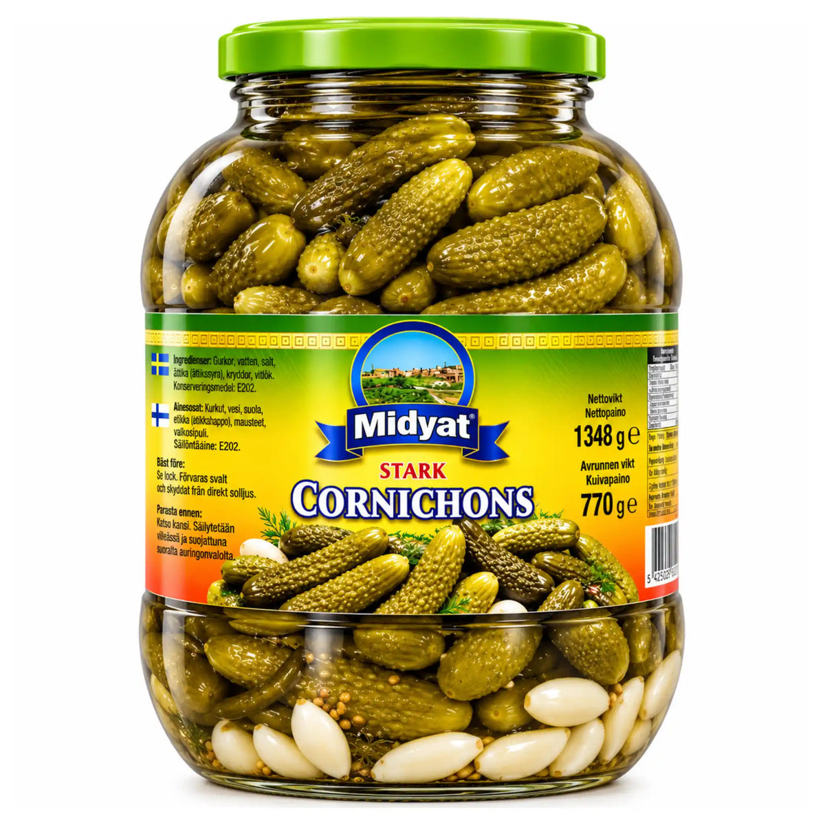 Midyat Cornichons Stark 1348g stor glasburk med krispiga heta inlagda smågurkor och chili