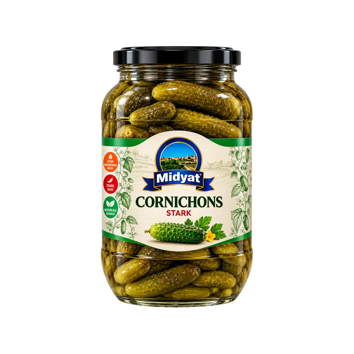 Midyat Cornichons Stark 480g glasburk med krispiga heta inlagda smågurkor och chili