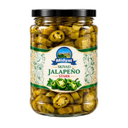 Midyat Jalapeno Skivad 710g glasburk med grön krispig skivad jalapeno i lag