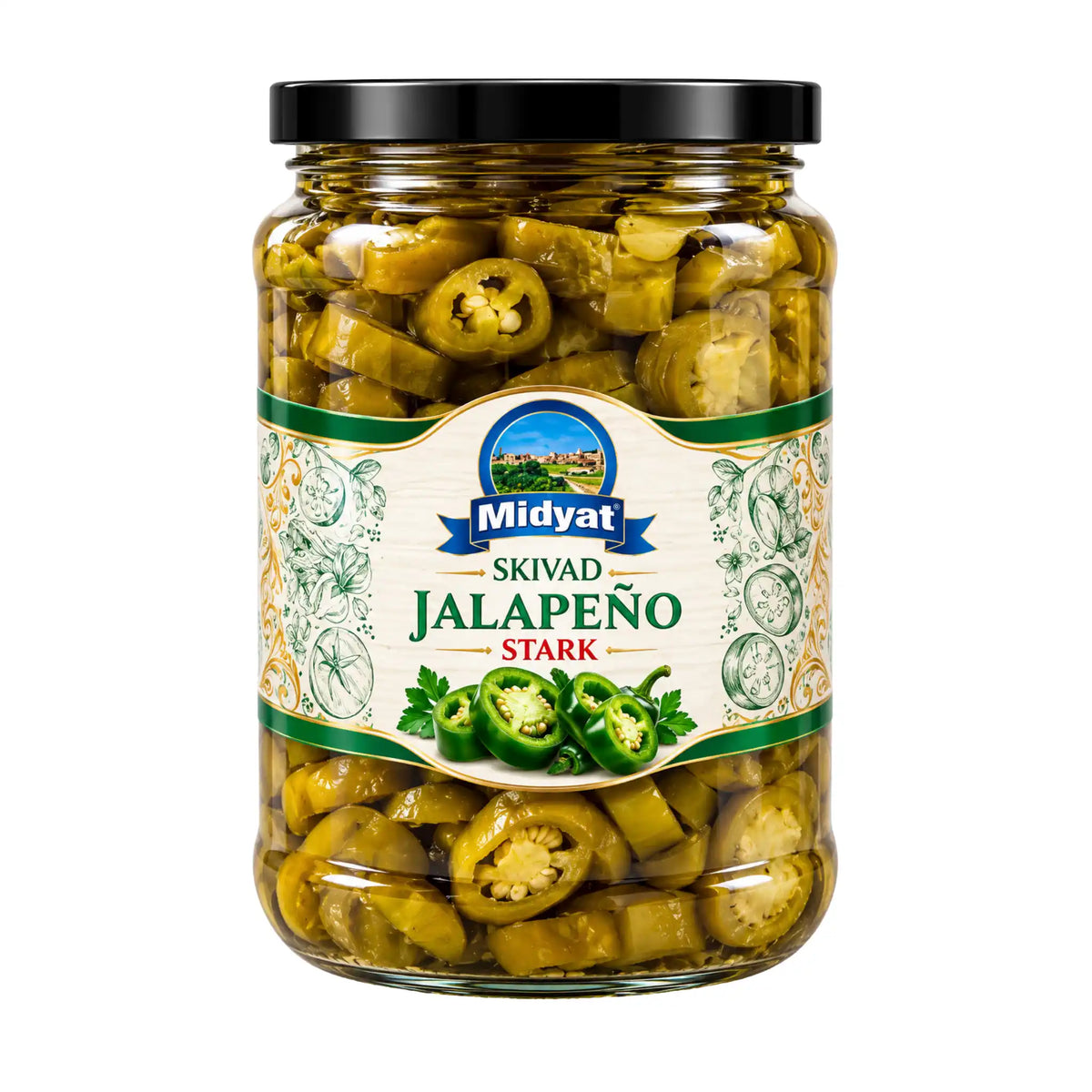 Midyat Jalapeno Skivad 710g glasburk med grön krispig skivad jalapeno i lag