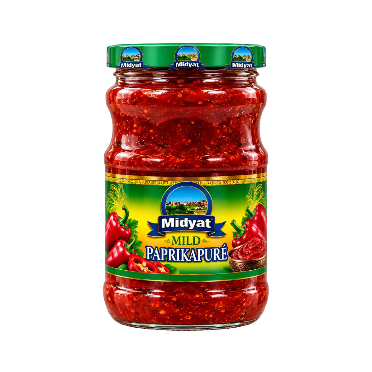 Midyat Paprikapuré Mild 720g glasburk med mörkröd fyllig turkisk tatlı biber salçası