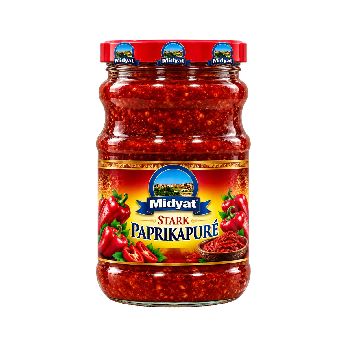 Midyat Paprikapuré Stark 720g glasburk med het rödfärgad turkisk biber salçası