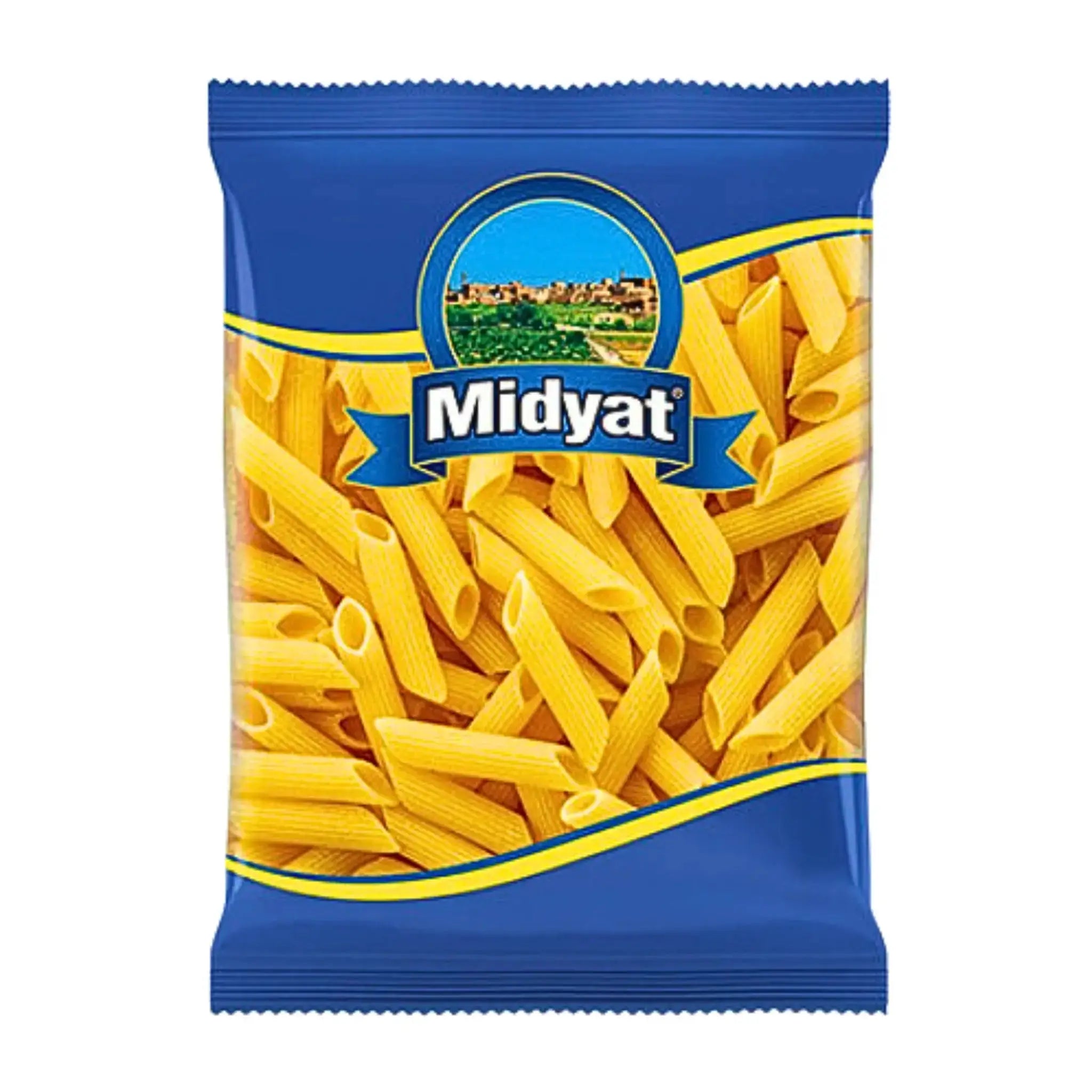 Midyat penne pasta 400g i blå förpackning, torr pasta synlig genom plasten