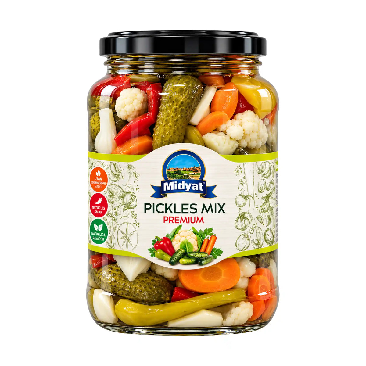 Midyat Pickles Mix PREMIUM 710g glasburk med handplockade krispiga inlagda grönsaker