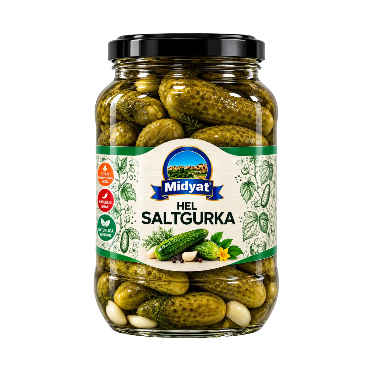 Midyat Hel Saltgurka 710g glasburk med hela krispiga saltgurkor i saltlag
