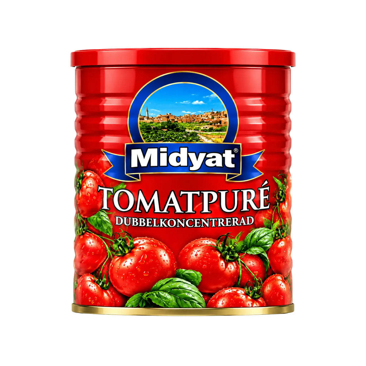 Midyat tomatpuré i burk med röd etikett och tomatbilder