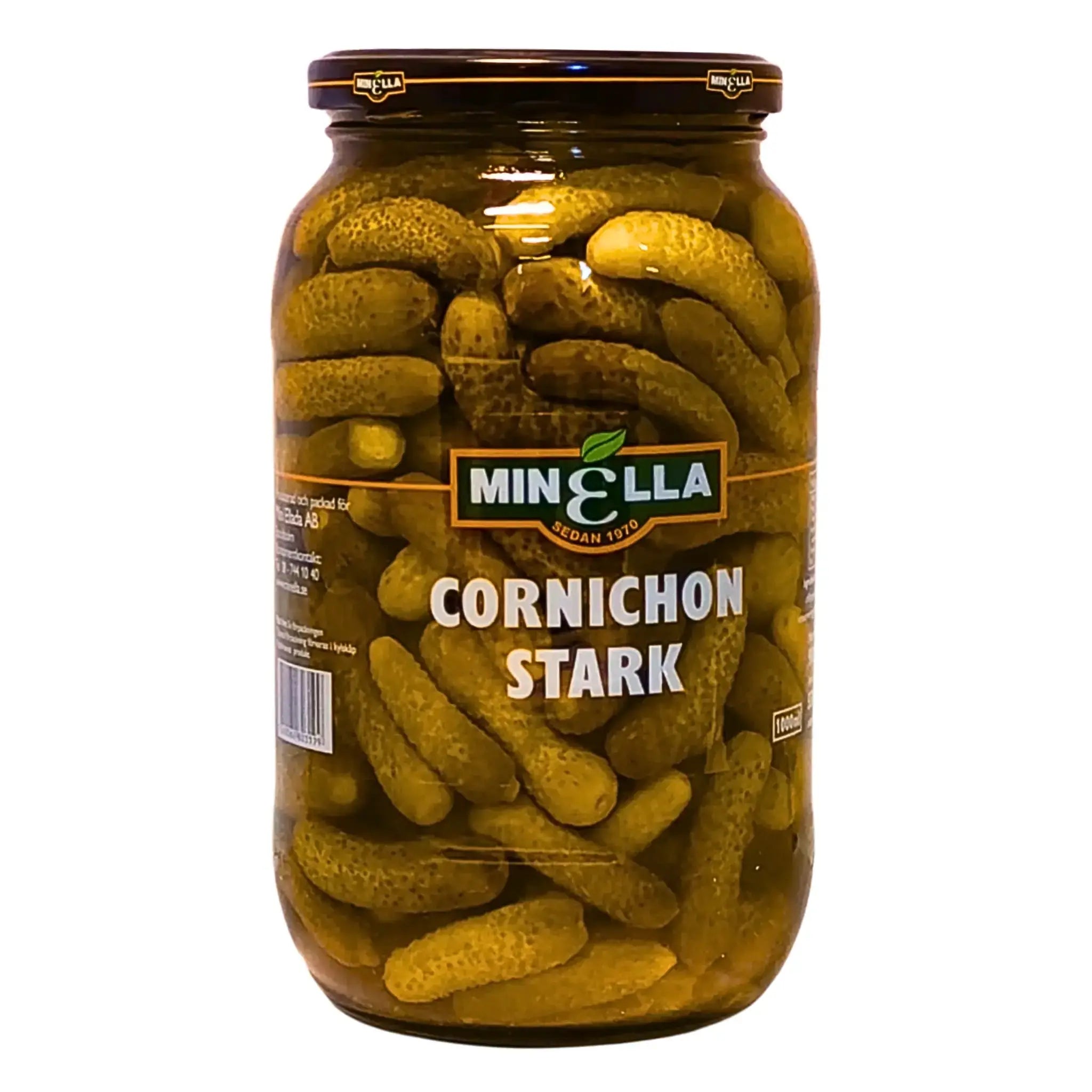 Glasburk med Minella cornichons starka inlagda gurkor, 1 kg, orientaliska delikatesser.