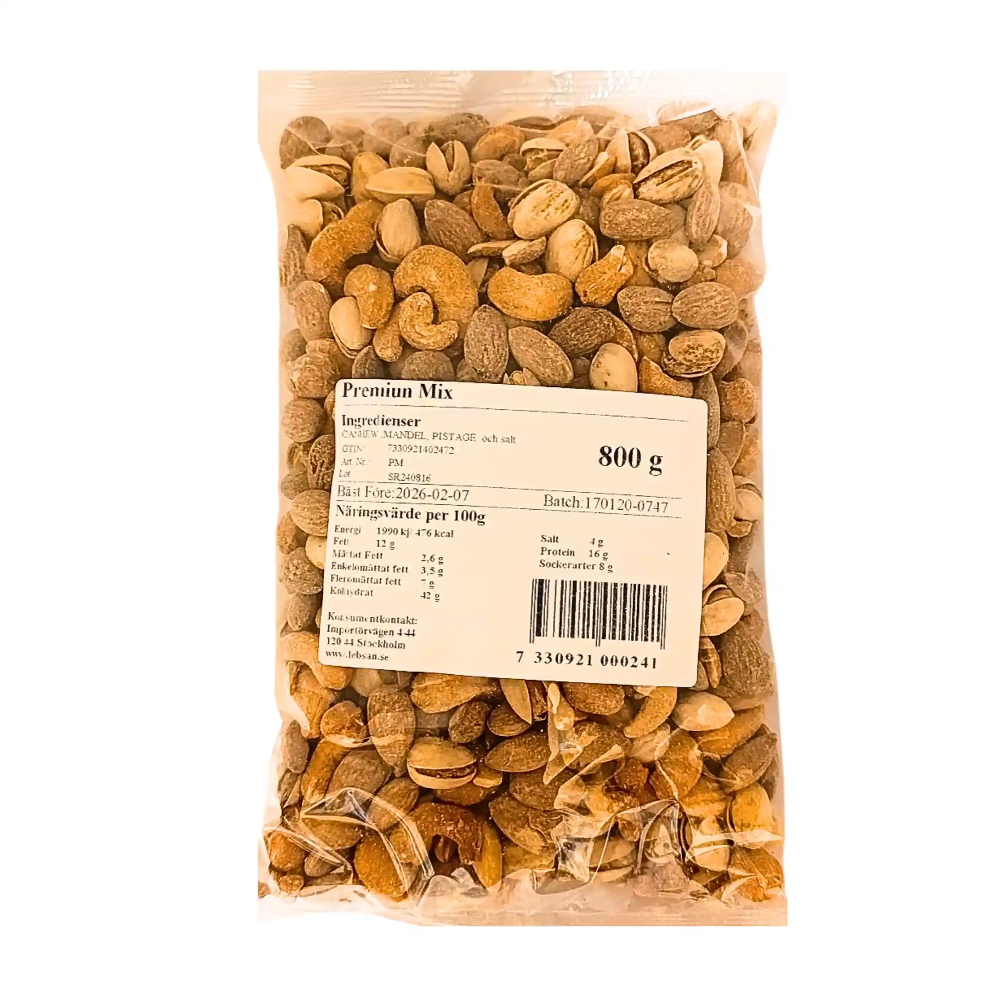Påse med premium mixade nötter 800g, cashew, mandel, pistage, genomskinlig förpackning