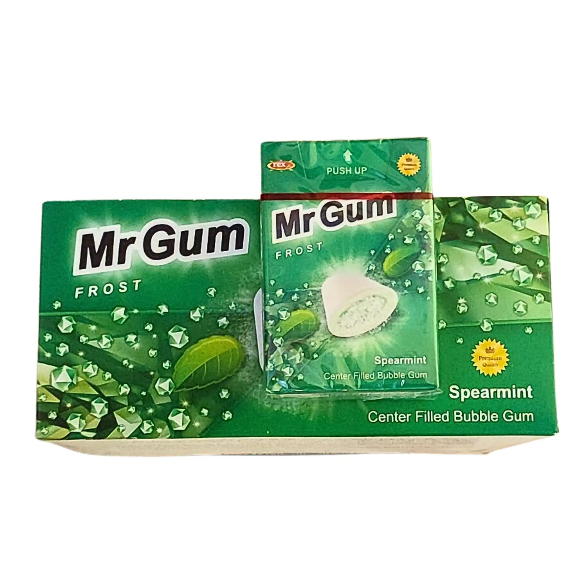 Mr Gum Frost tuggummi med spearmintsmak i grön förpackning, center filled bubble gum