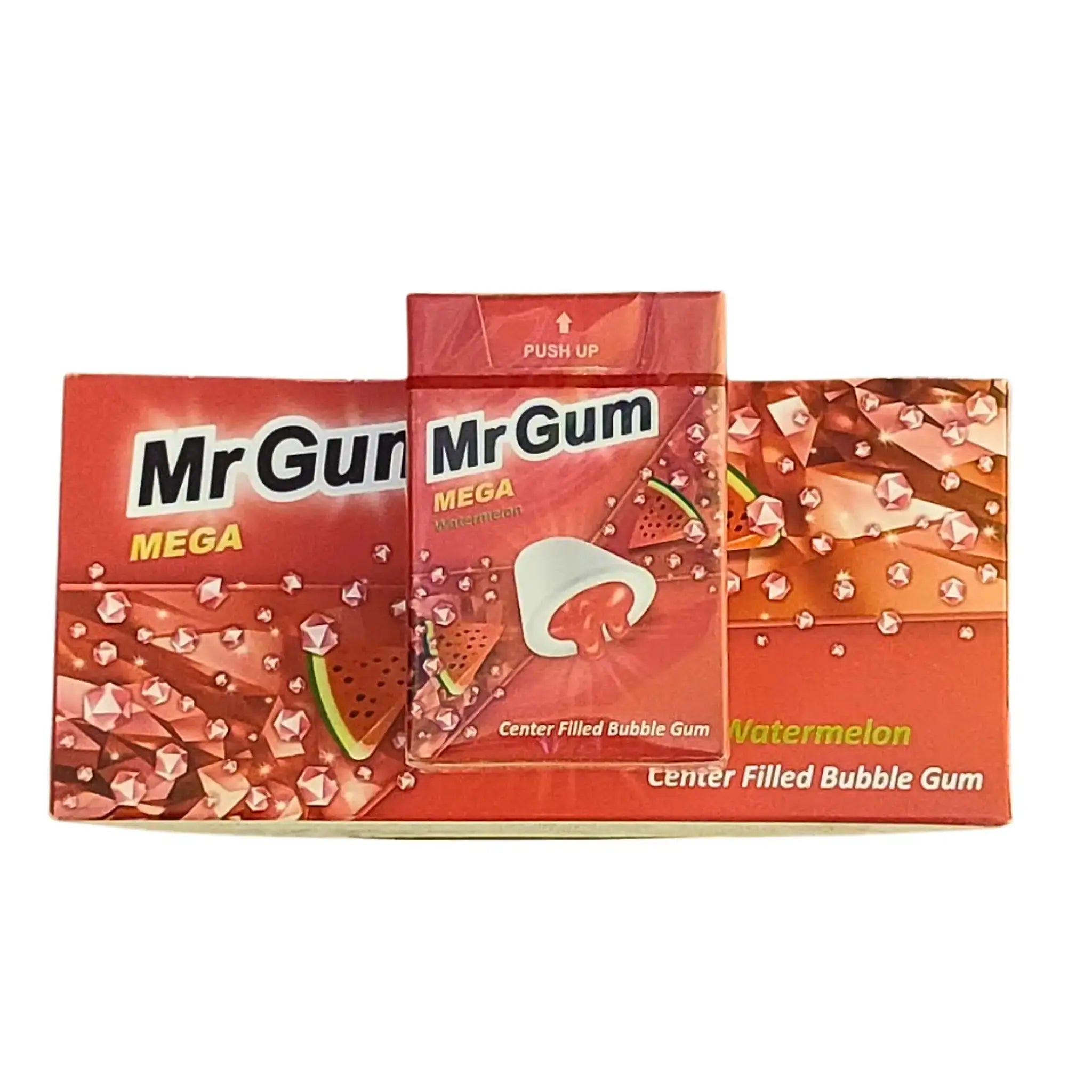 Mr Gum Mega tuggummi med vattenmelonsmak, förpackning med röda och gröna detaljer