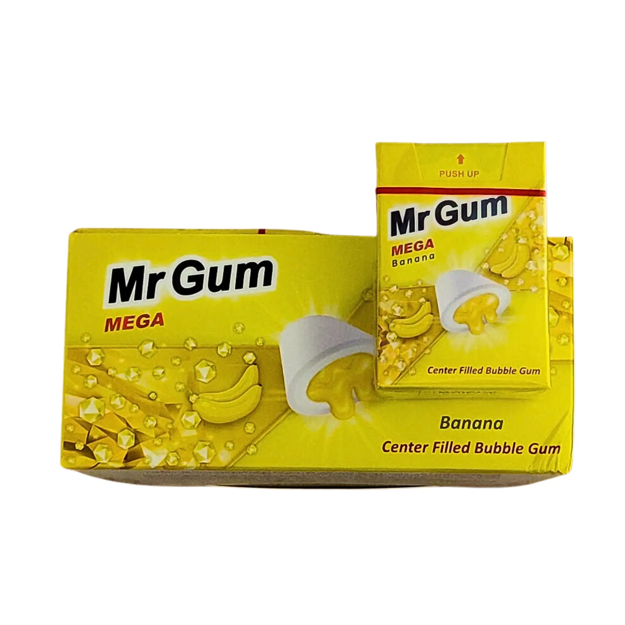 Mr Gum MEGA banan tuggummi med fyllning, gul förpackning med bananmotiv