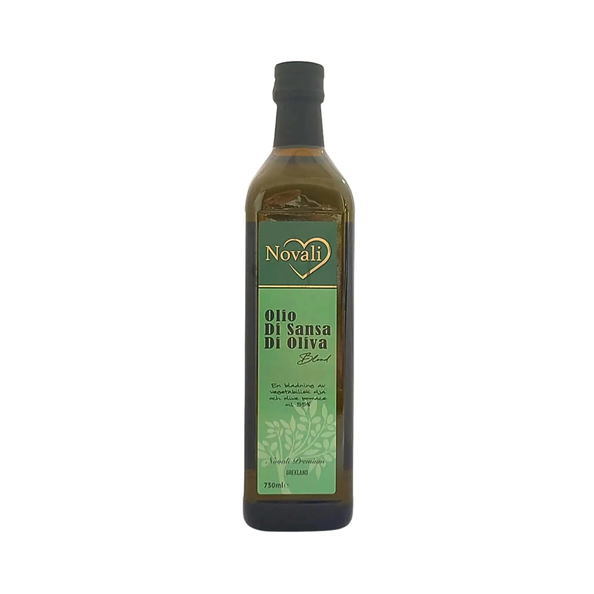 750ml grön glasflaska med olivolja blend, etikett märkt Olio di Sansa di Oliva