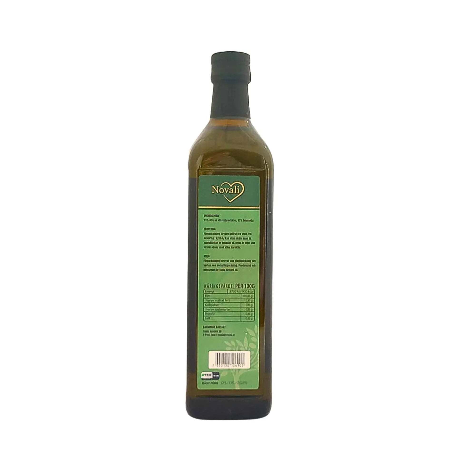 Baksidan av en 750 ml Novali olivolja flaska med grön etikett och näringsinnehåll.