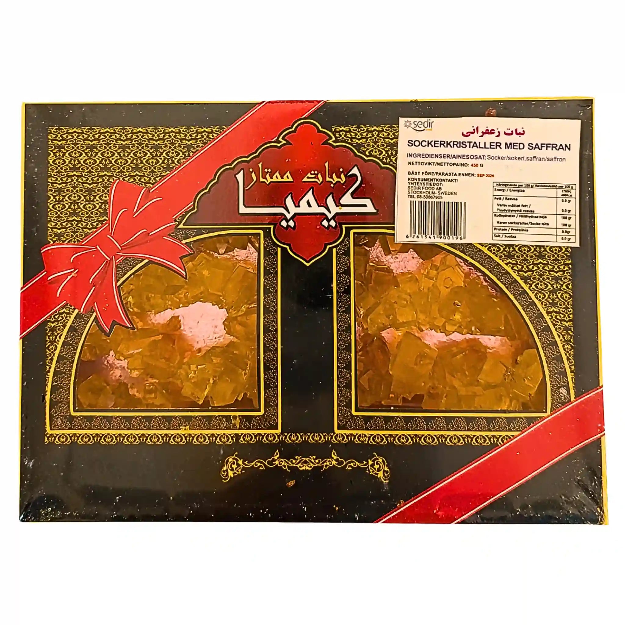 Förpackning med sockerkrstaller med saffran, presenterad med orientalisk design och röd rosett.