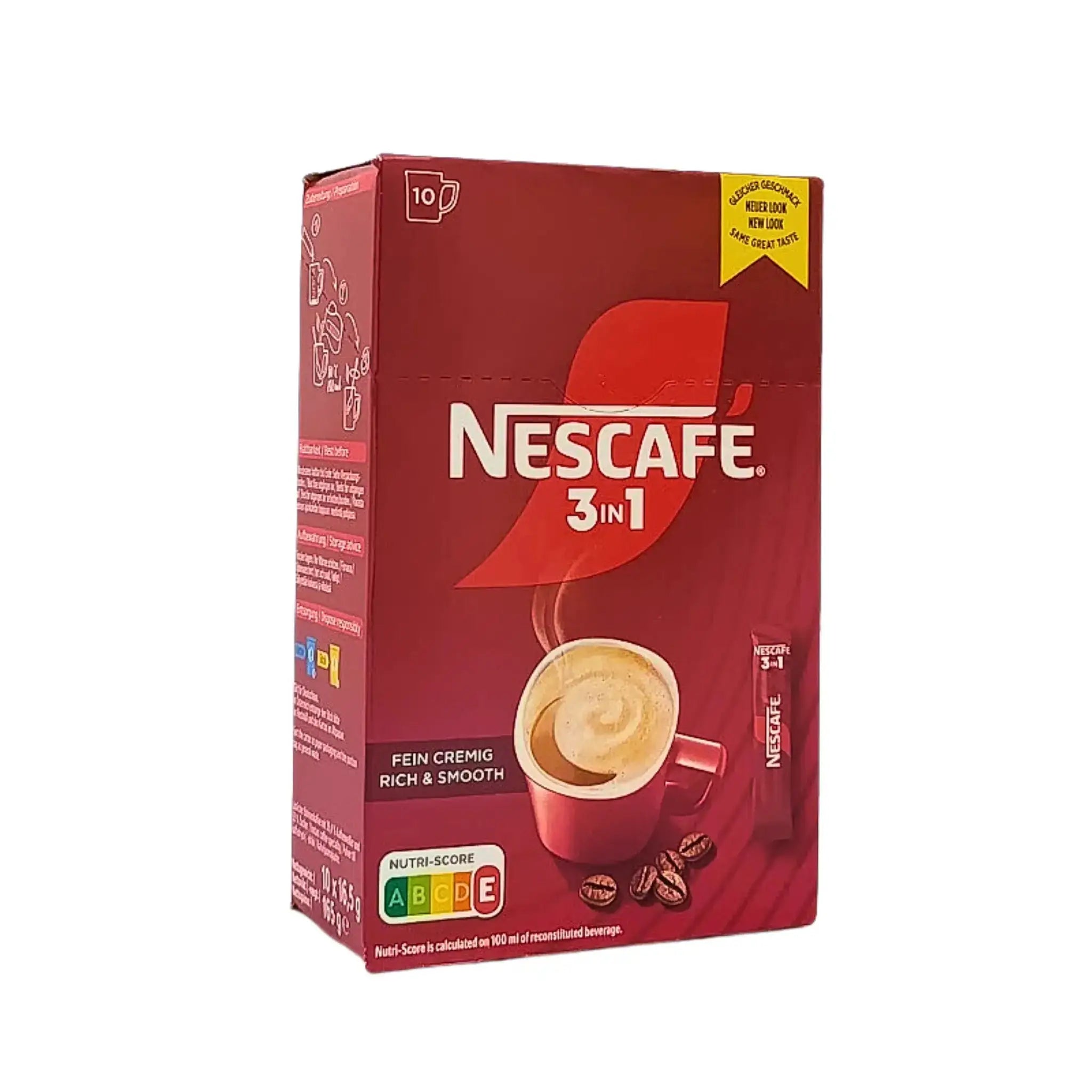 Nescafe 3 in 1 snabbkaffe paket, röd förpackning med kopp och kaffebönor på framsidan.