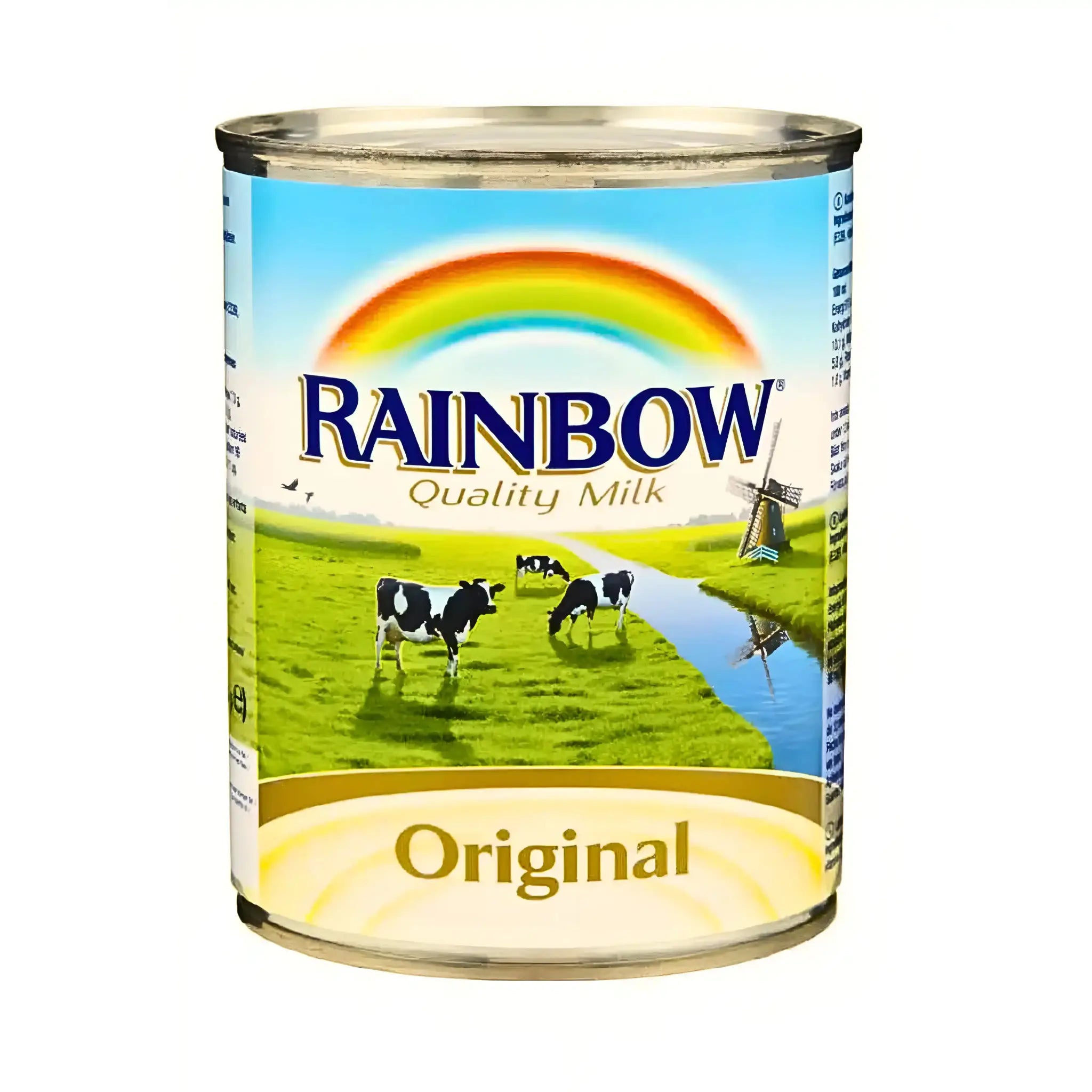 Burk med Rainbow mjölkkoncentrat original, med kossor på grön äng och regnbåge på etiketten.