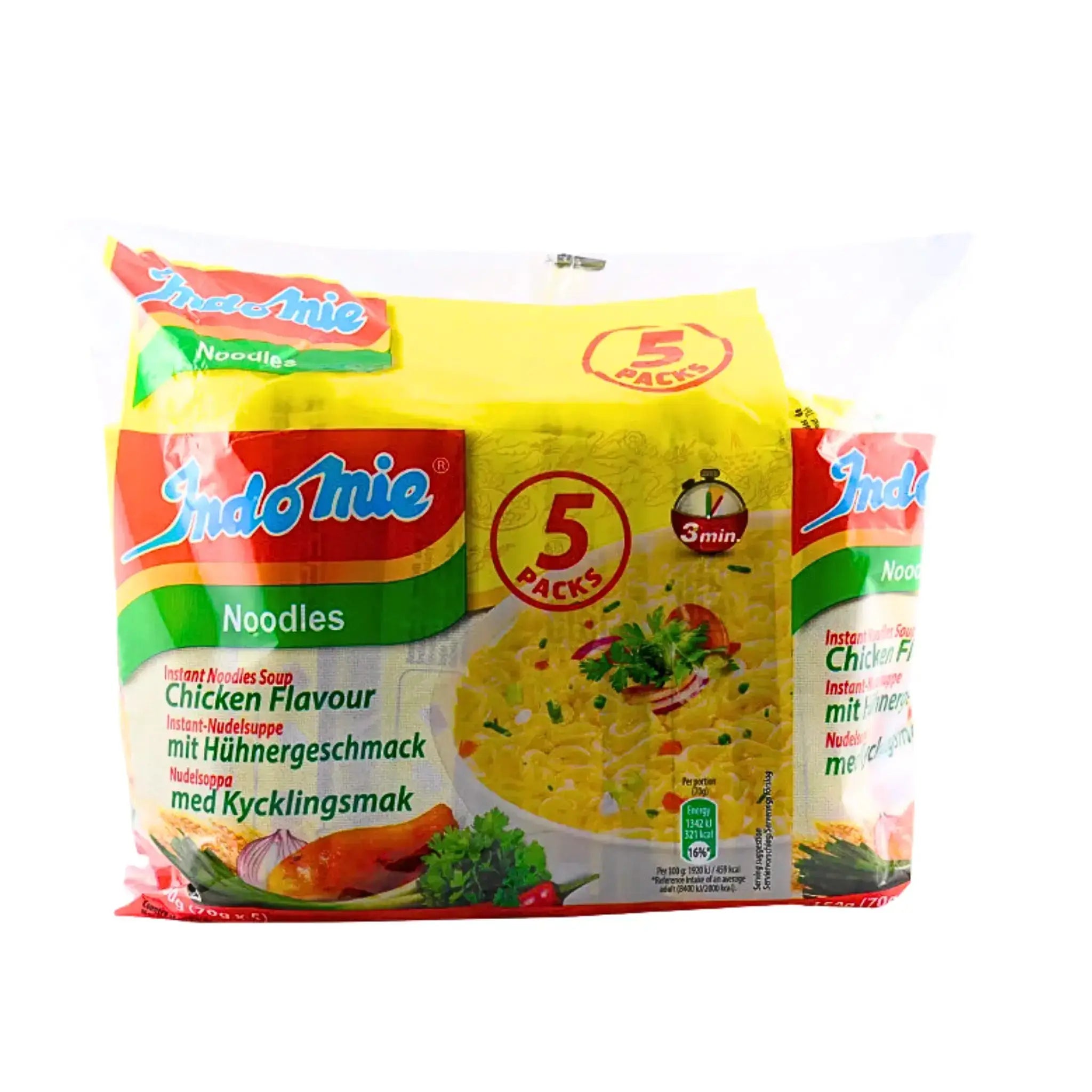 Indomie nudlar kycklingsmak 5-pack, snabbnudlar i färgglad förpackning