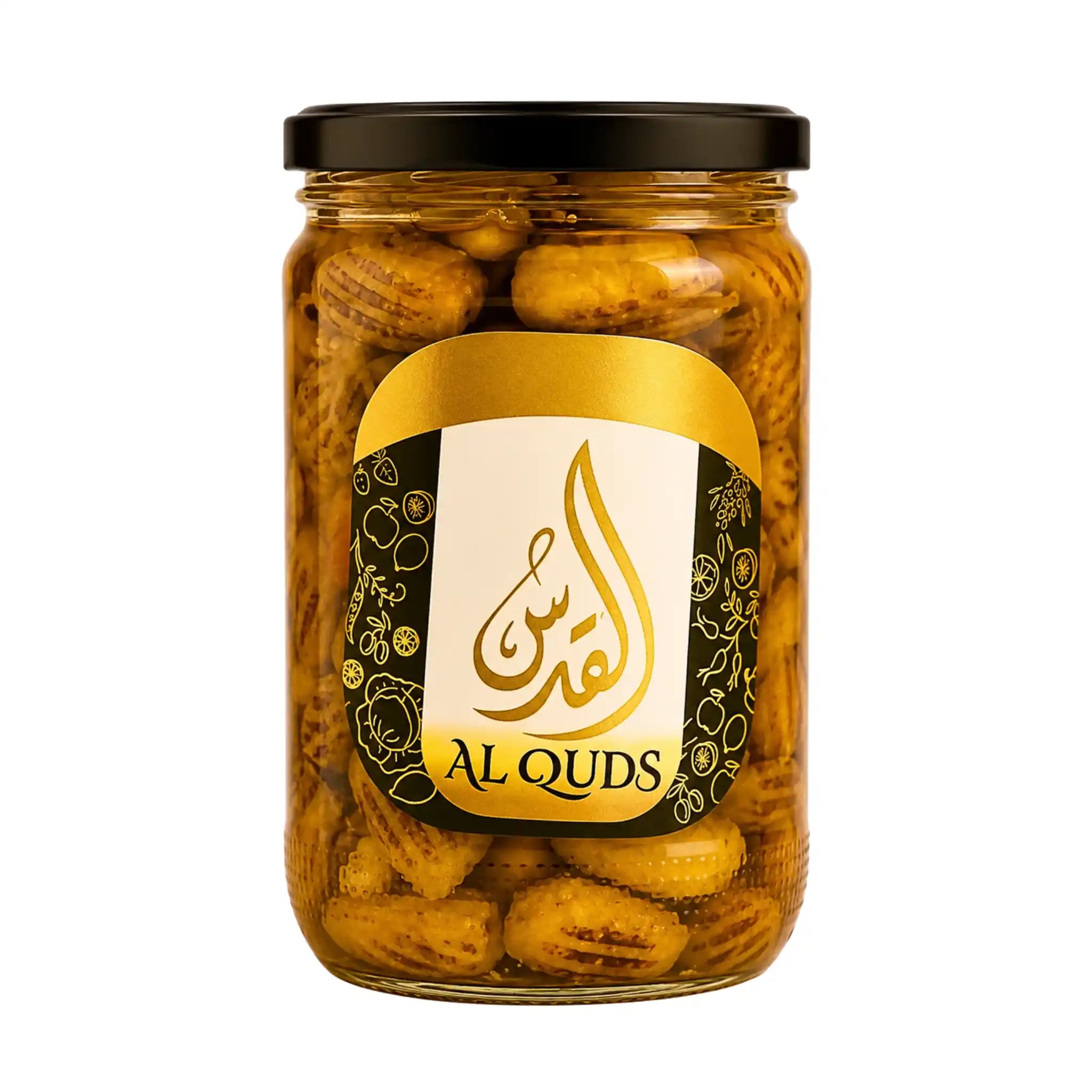 Glasburk med grillade grönsaker i olja och etikett Al Quds