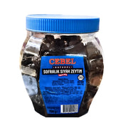 Burk med svarta oliver Cebel, blå lock, 700g, orientaliska livsmedel.