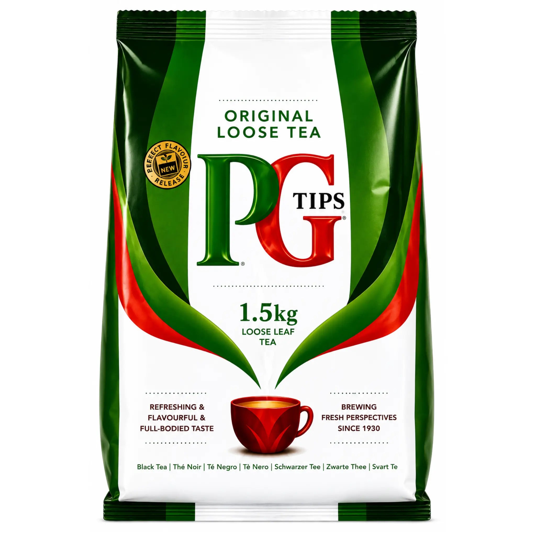 Löste-teförpackning i grönt med PG-logo och 1,5 kg märkning
