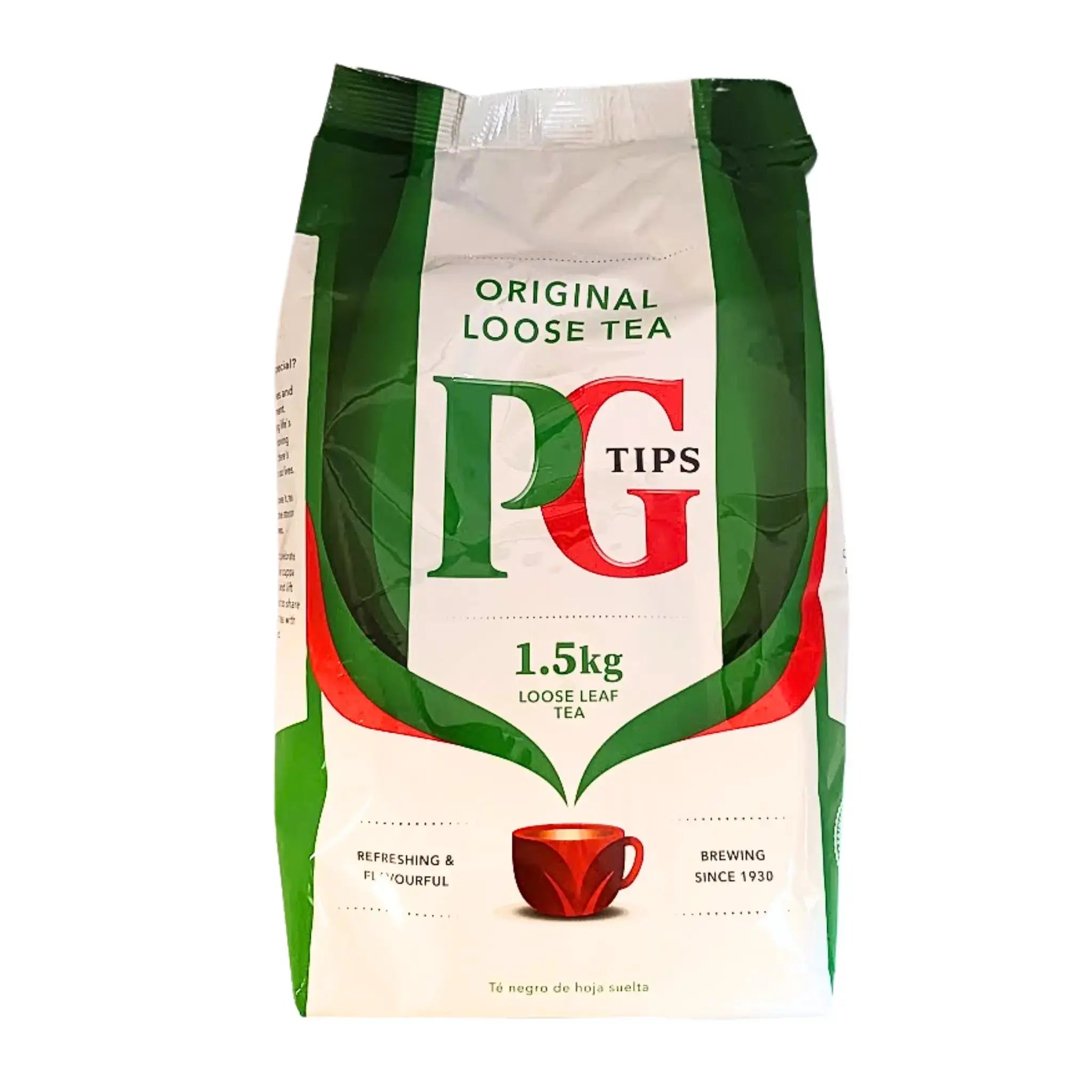 PG Tips lösviktste 1,5 kg förpackning, grönt och vitt paket med koppillustration.
