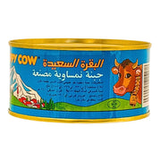 Burk med Happy Cow ost, blå etikett, illustration av ko och berg, orientalisk mat