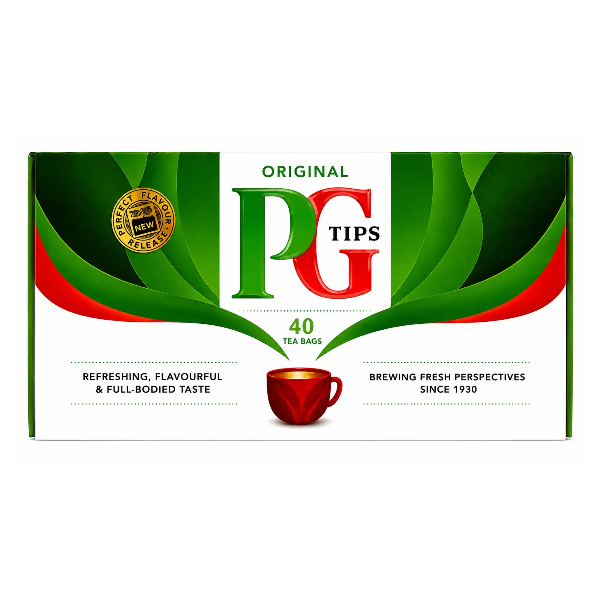 Te-burkskartong PG Tips Original, grön/vit med texten 40 te-påsar