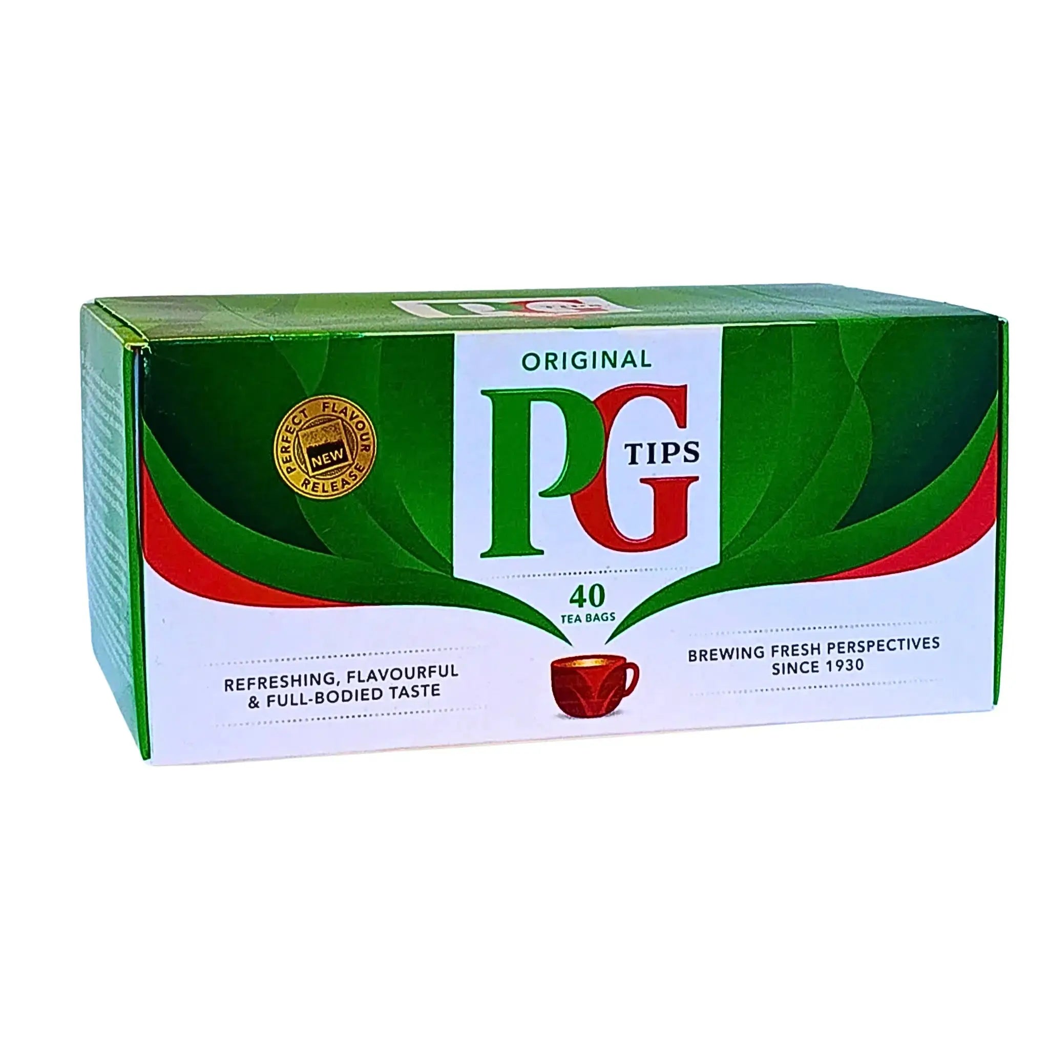 PG Tips original svart te, 40 tepåsar, grön och vit förpackning med tekopp på framsidan.