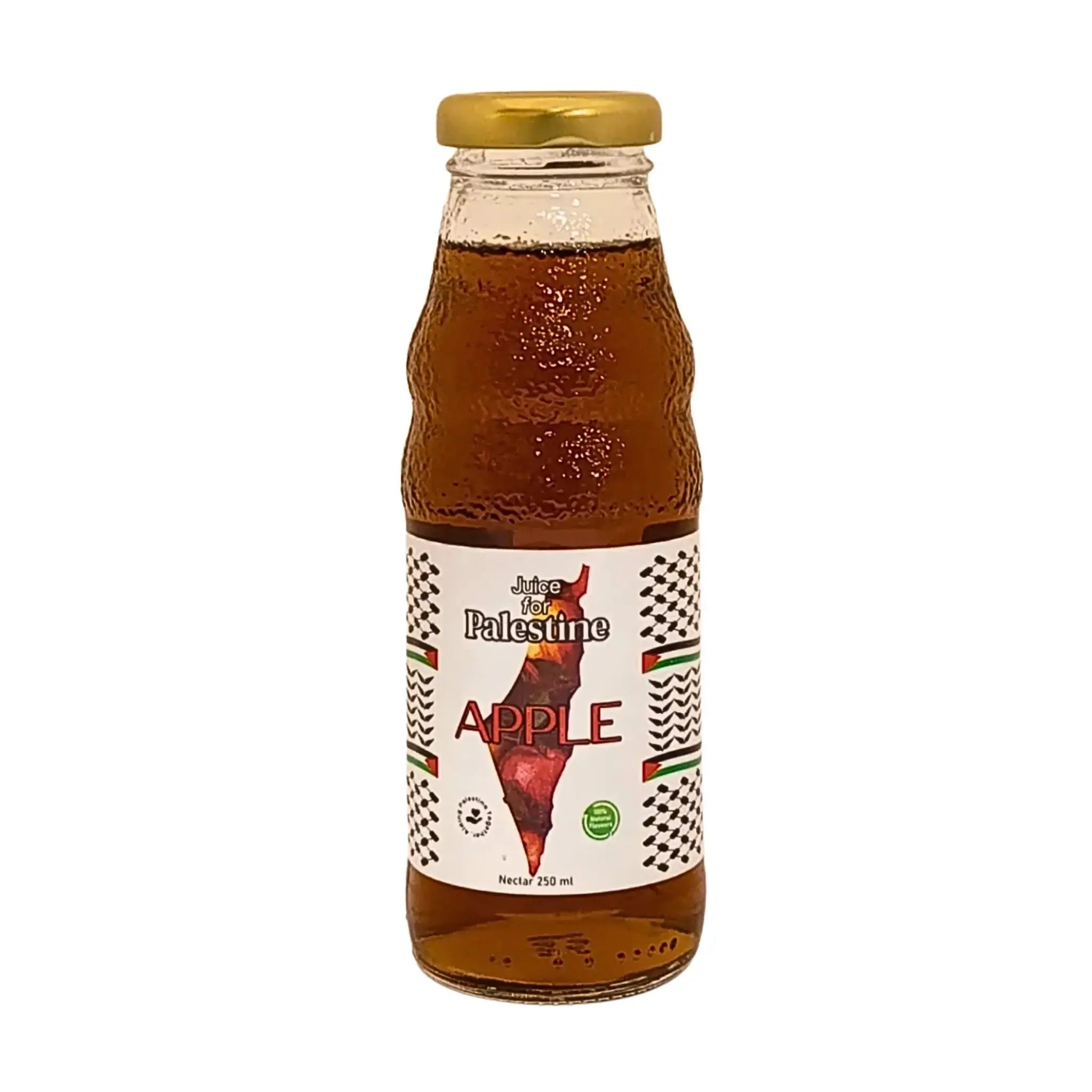 Glasflaska med äppeljuice, etikett med texten 'Juice for Palestine Apple', 250 ml.
